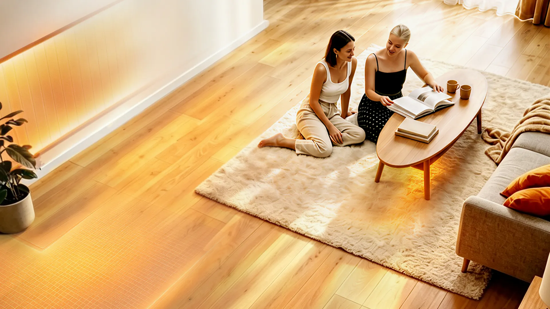 A sunlit living room with warmth glowing from the infrared heating in the wall and floor, two women reading on a rug