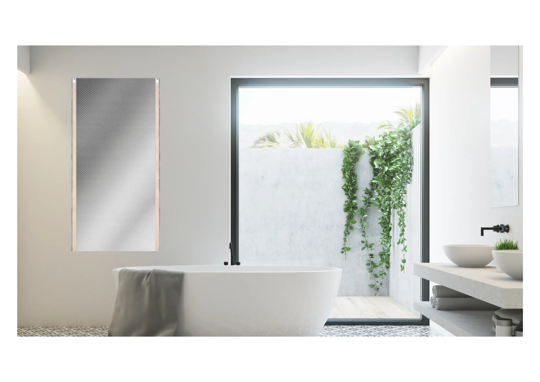 A bathroom with heating built into the floor, wall and ceiling