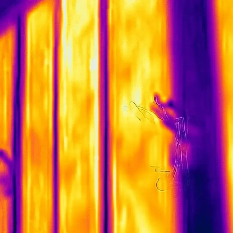 A thermal image of a room in which both the wall and the ceiling elements are warm and evenly lit