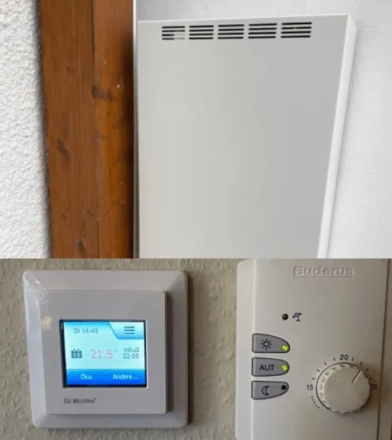 The wall-mounted power supply and OJ Electronics thermostat of a ComfortScrim system