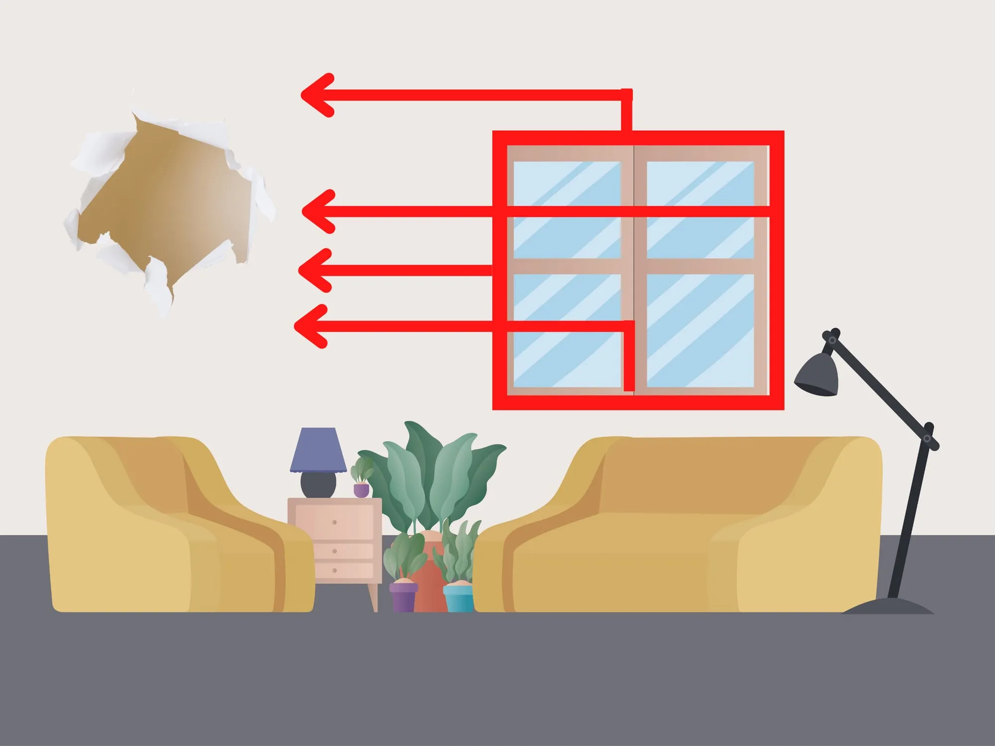 An illustration of heat escaping a living room through a window, drawn as red arrows leaving the glass