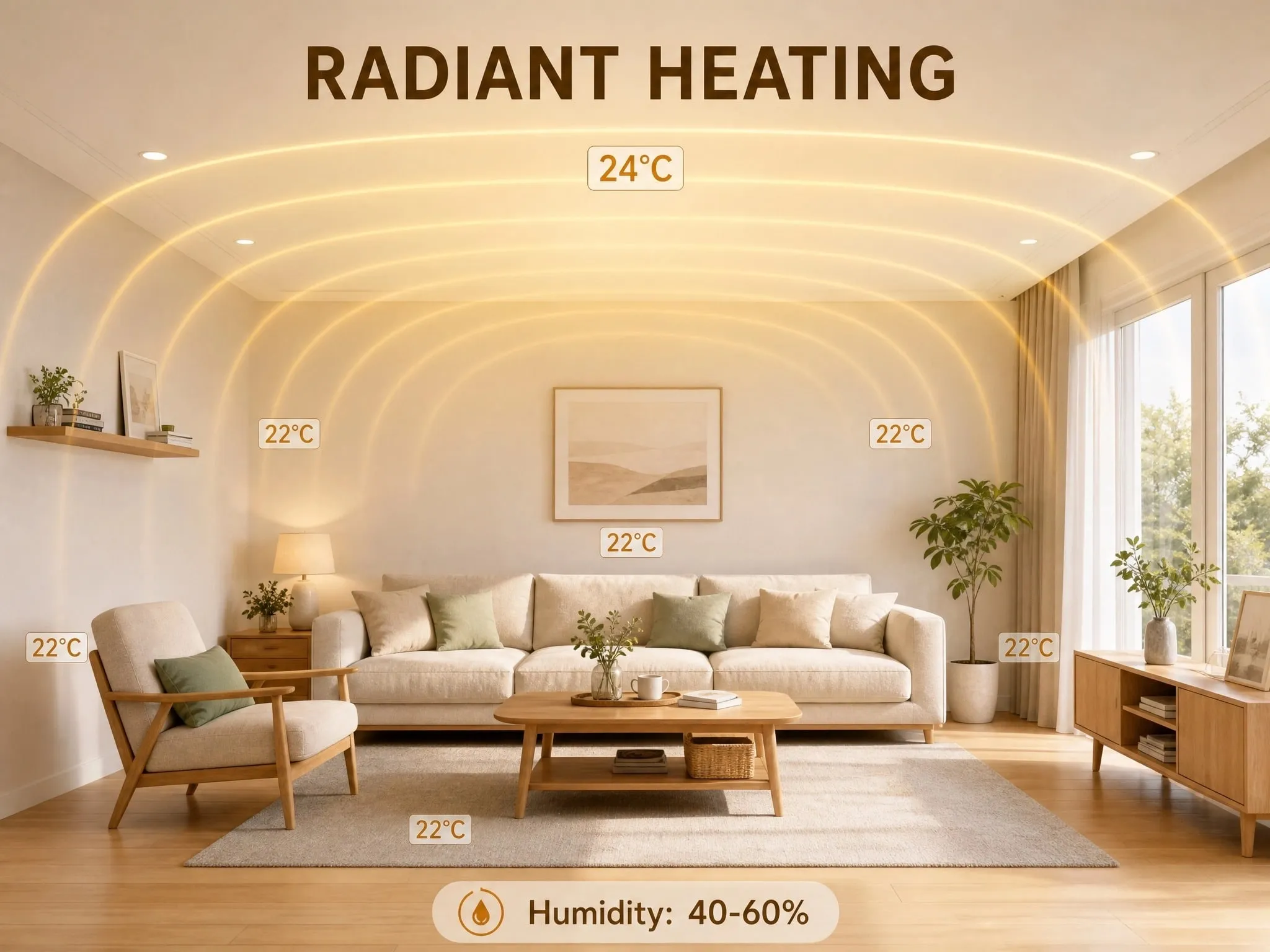 A living room warmed by radiant heating: an even 22 °C through the room, 24 °C at the ceiling surface, humidity held at 40 to 60 per cent