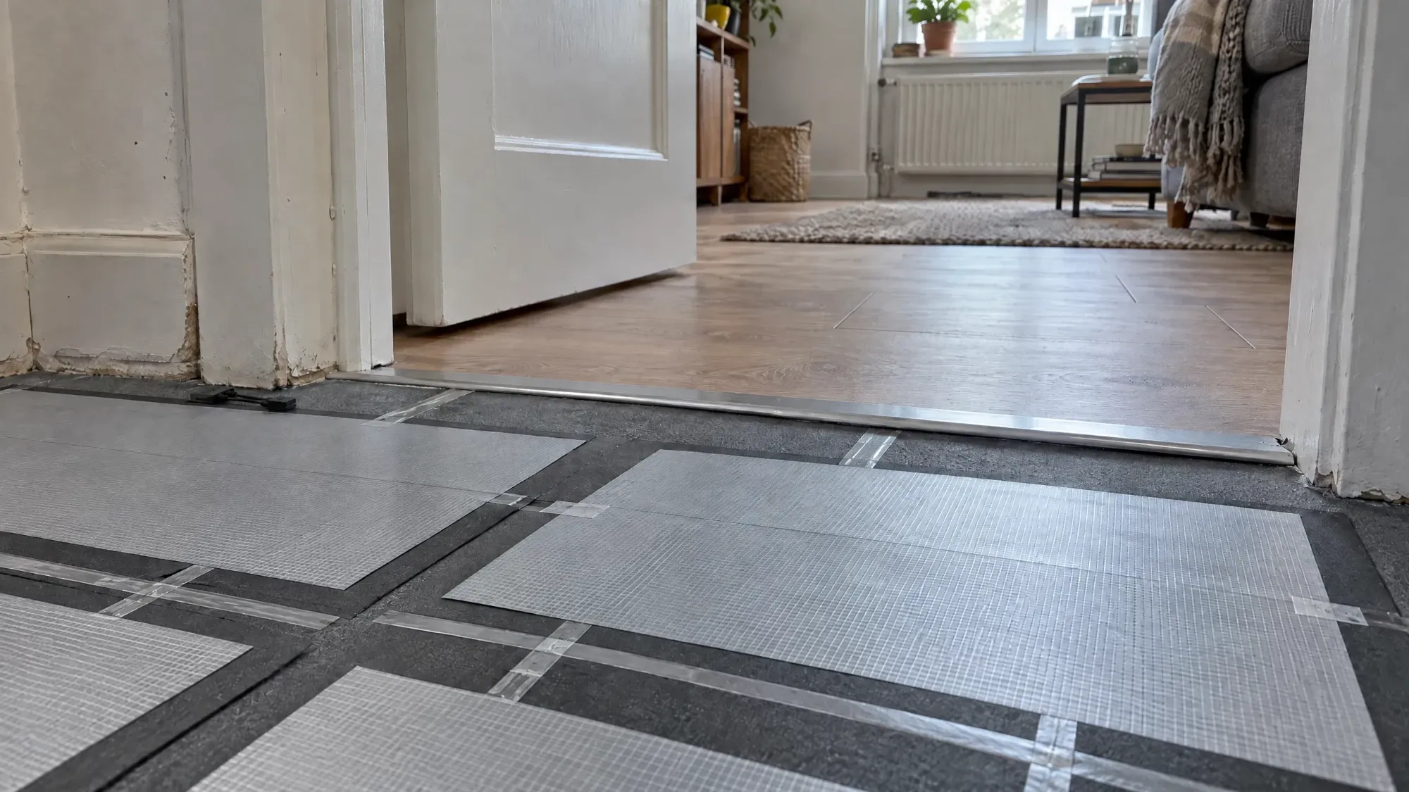 SafeTech-EGS-Heizfolie auf der Unterlage, bis an die Türschwelle verlegt, in einer bewohnten Wohnung, auf Höhe des fertigen Bodens im Nebenraum